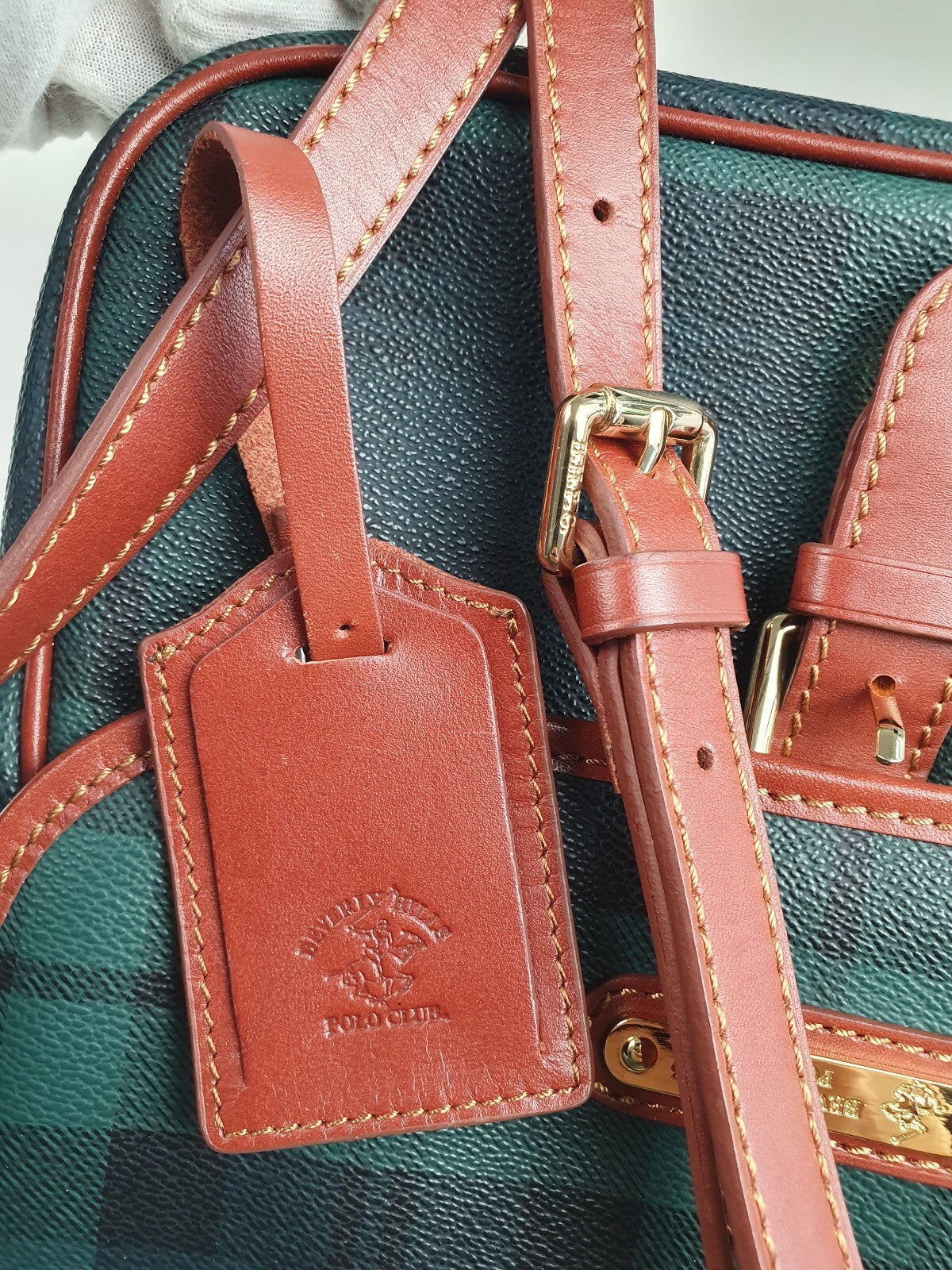 Beverly Hills Polo Club Vintage Green and Navy Tartan Crossbody Bag with Brown T