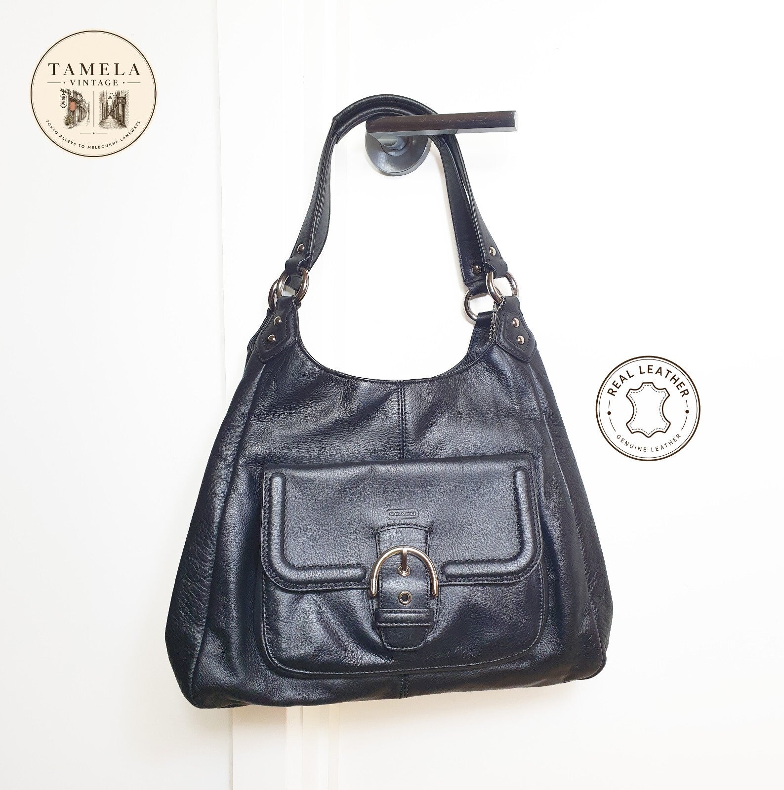 Authentic Black Coach leather hobo bag F24686 with silver hardware