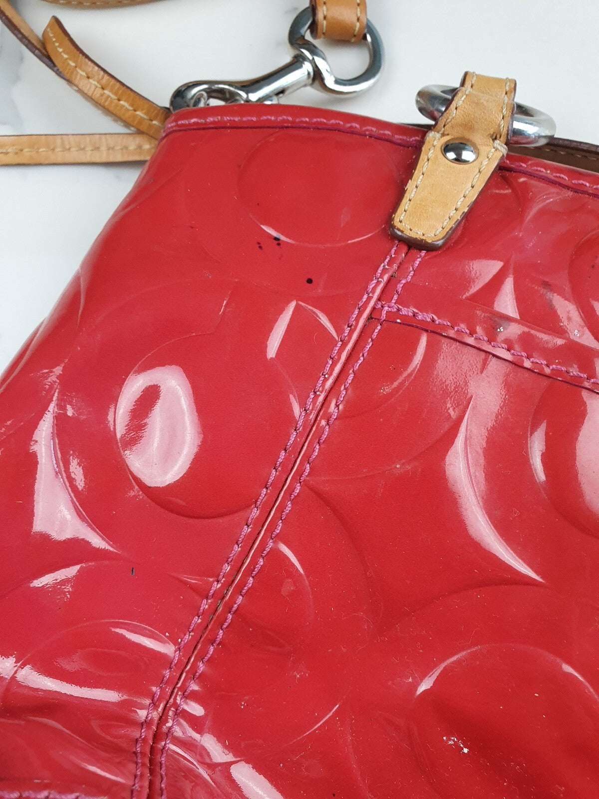 Coach Red Patent Leather Signature Tote Bag with Tan Straps