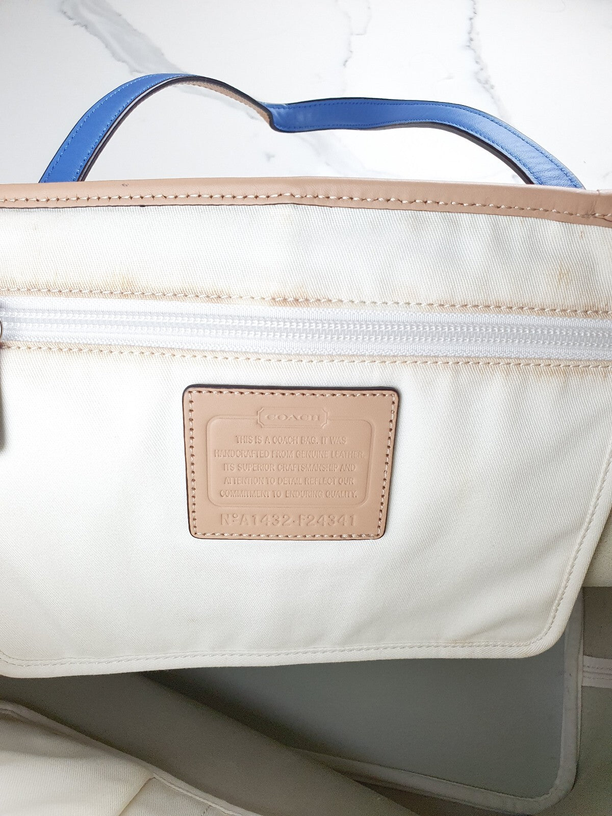 Coach Vintage White Tote Bag with Blue and Beige Handles