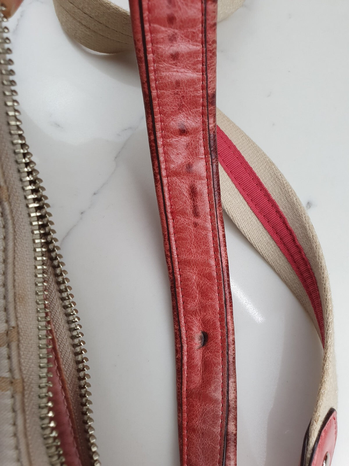 Coach Beige Signature Canvas Shoulder Bag with Coral Leather Trim