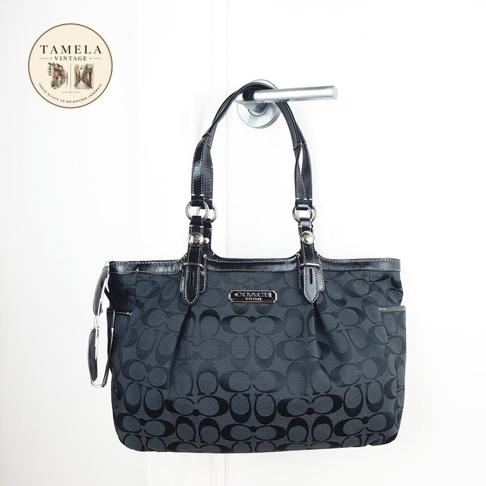 Coach Black Signature Jacquard Tote Bag with Leather Trim