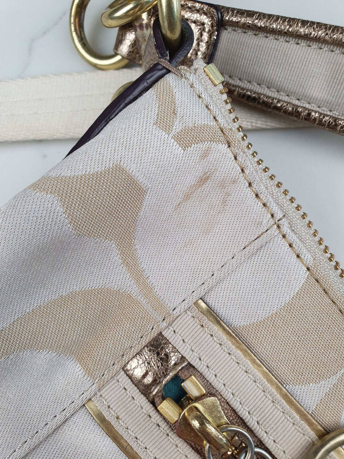 Coach Vintage Signature Beige and Gold Small Shoulder Bag