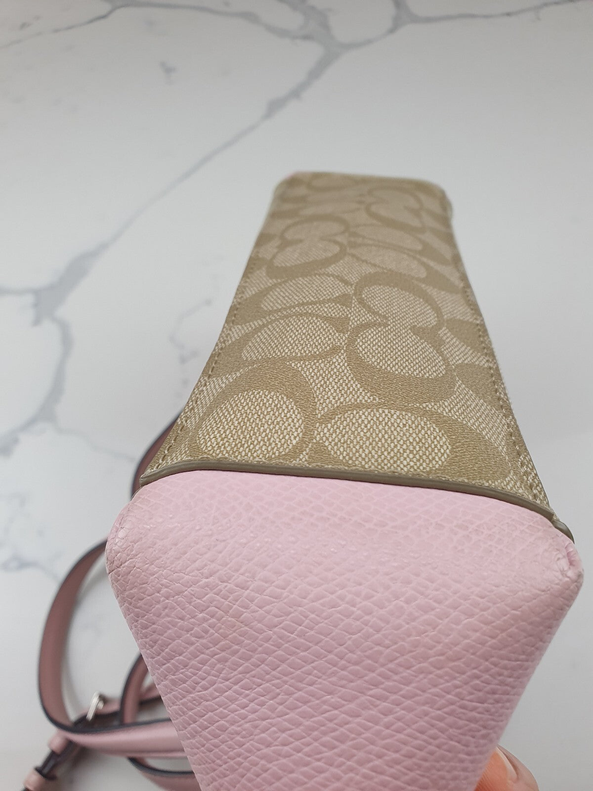 Coach Signature Canvas and Leather Satchel Handbag in Pink and Beige