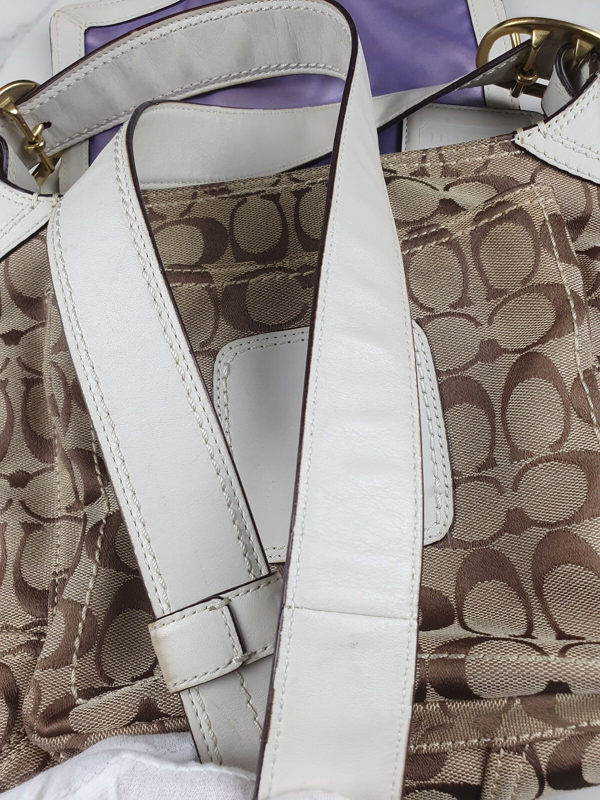 Vintage Coach Signature Canvas and White Leather Shoulder Bag