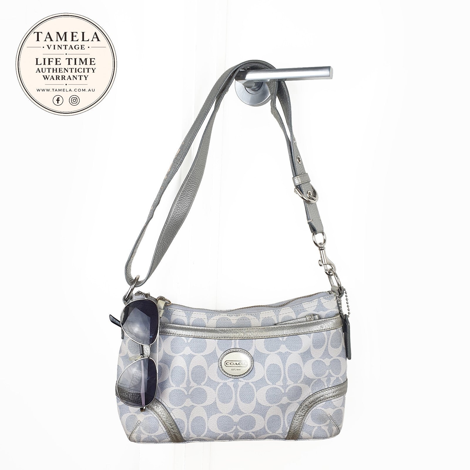 Coach Signature Canvas and Silver Leather Shoulder Bag