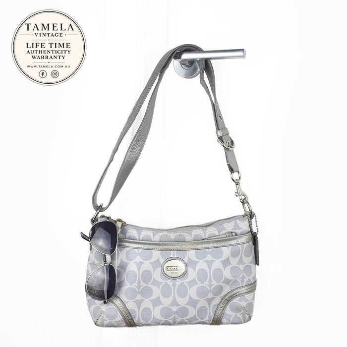 Coach Signature Canvas and Silver Leather Shoulder Bag