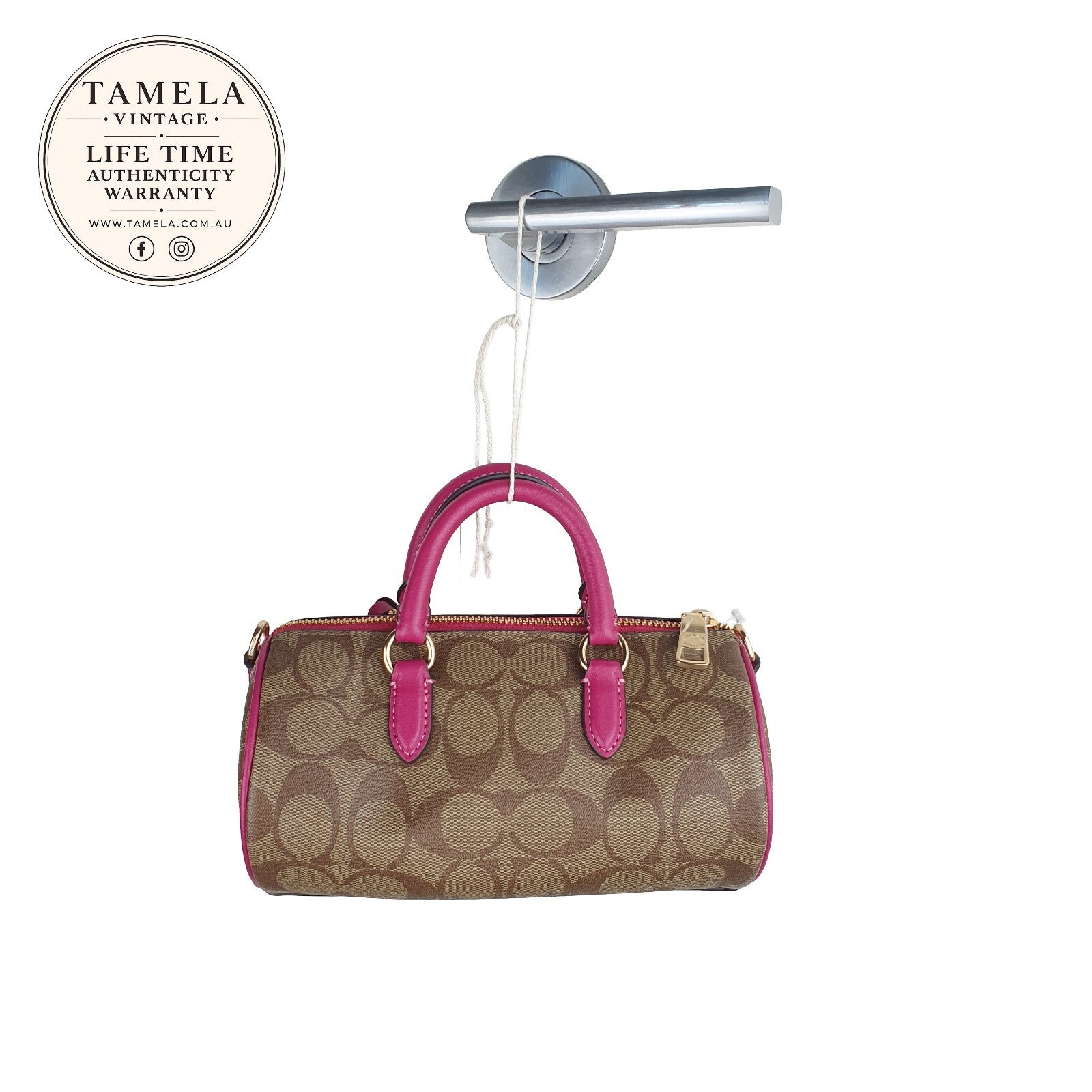 Coach Signature Canvas and Pink Leather Barrel Bag with Tassel