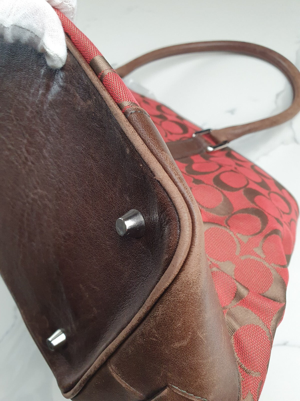 Vintage Coach Red and Brown Signature Canvas Tote Bag