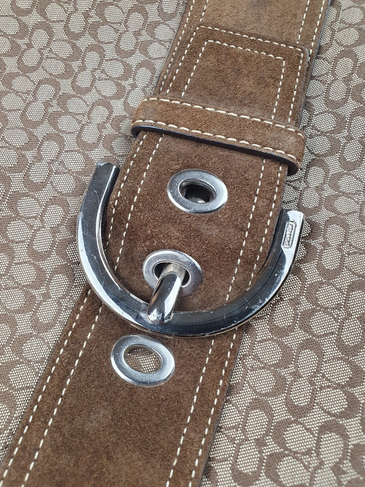 Coach Brown Signature Canvas Crossbody Bag with Suede Trim and Buckle Detail
