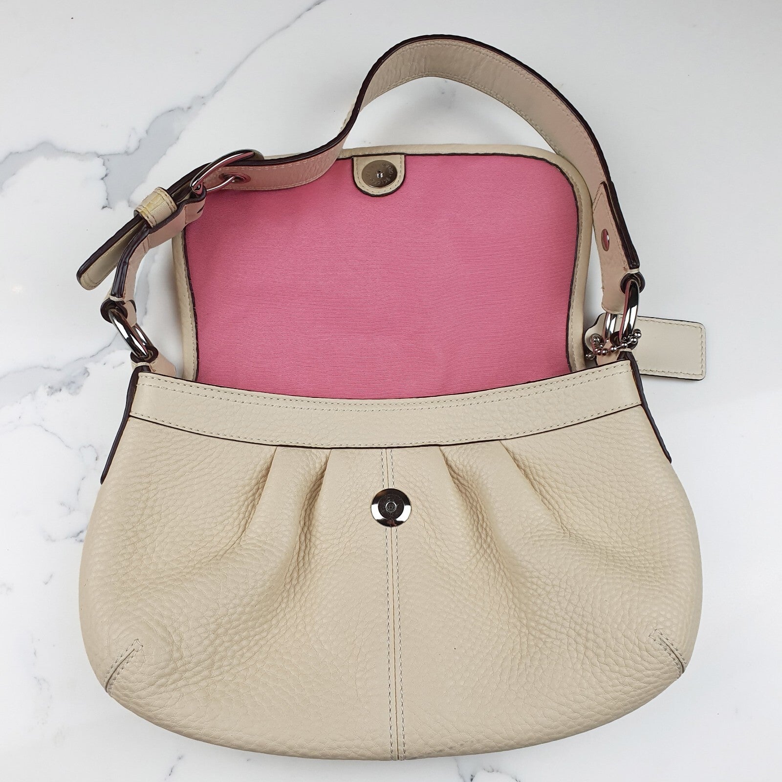 Coach Cream Leather Shoulder Bag with Pink Interior