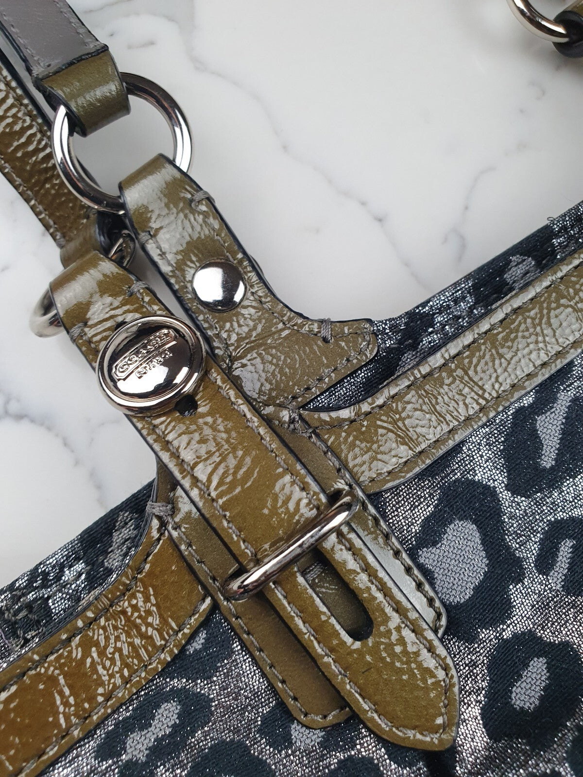 Coach Metallic Leopard Print Tote Bag with Olive Patent Leather Trim