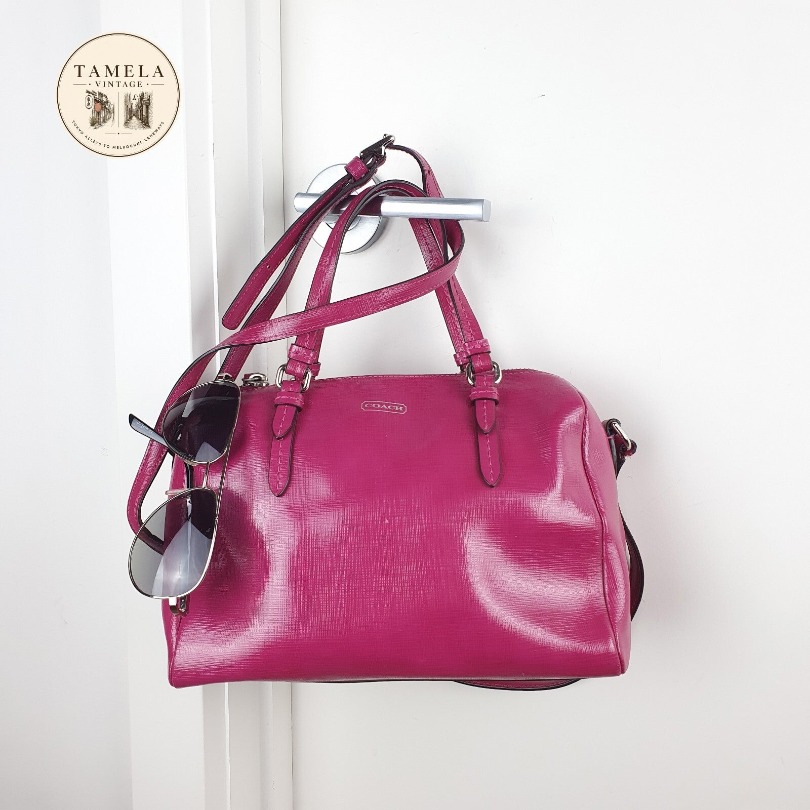 Coach Peyton Mini Bennet Fuschia Patent Leather Crossbody Satchel