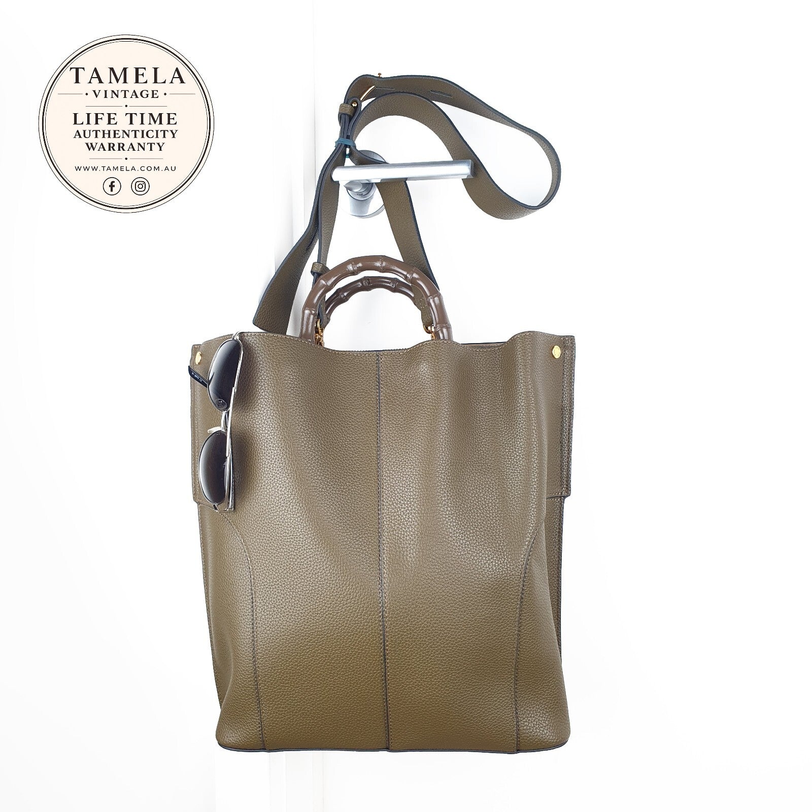EPOR Textured Vegan Leather Handbag with Bamboo Handles and Adjustable Strap