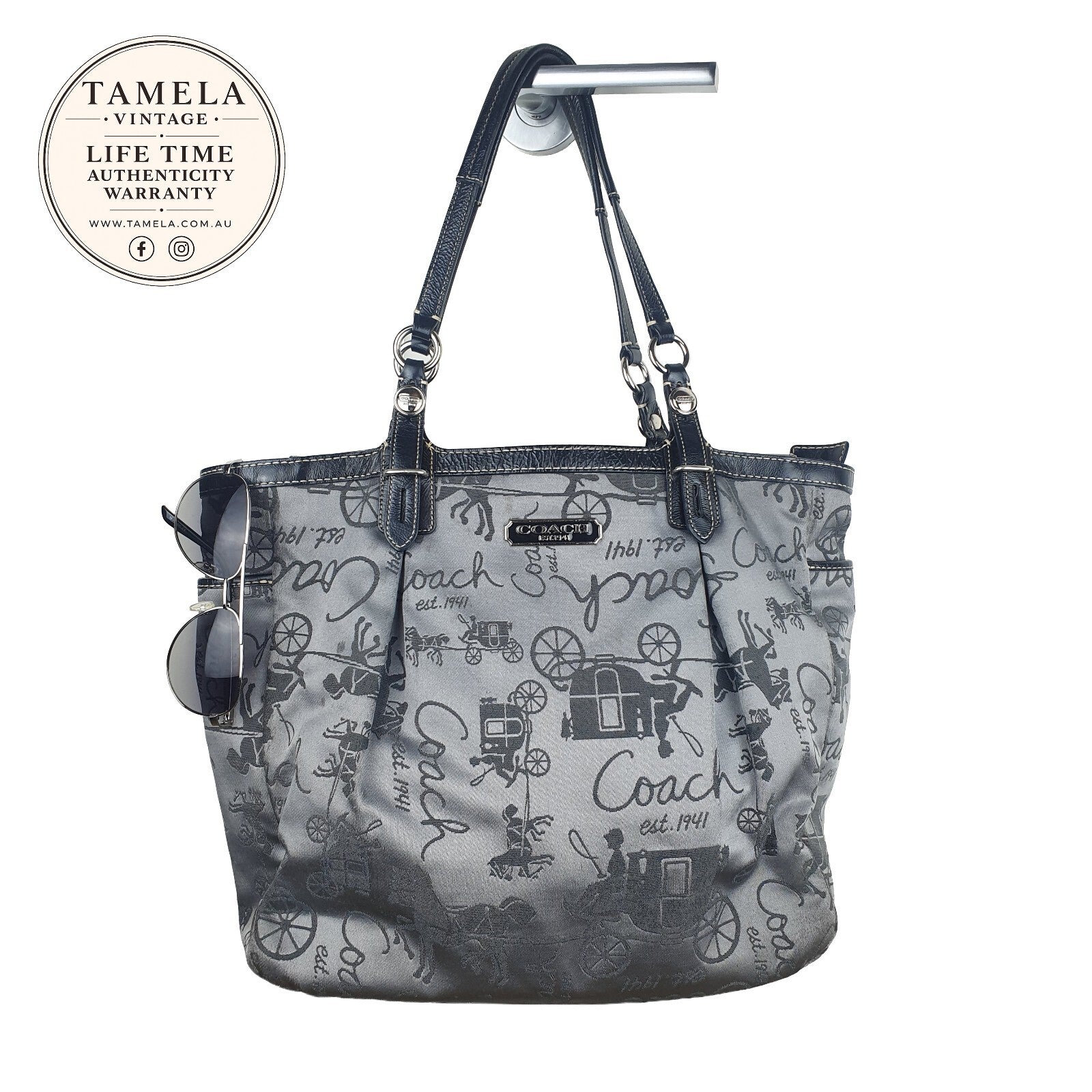 Vintage Coach Signature Print Shoulder Bag in Grey and Black