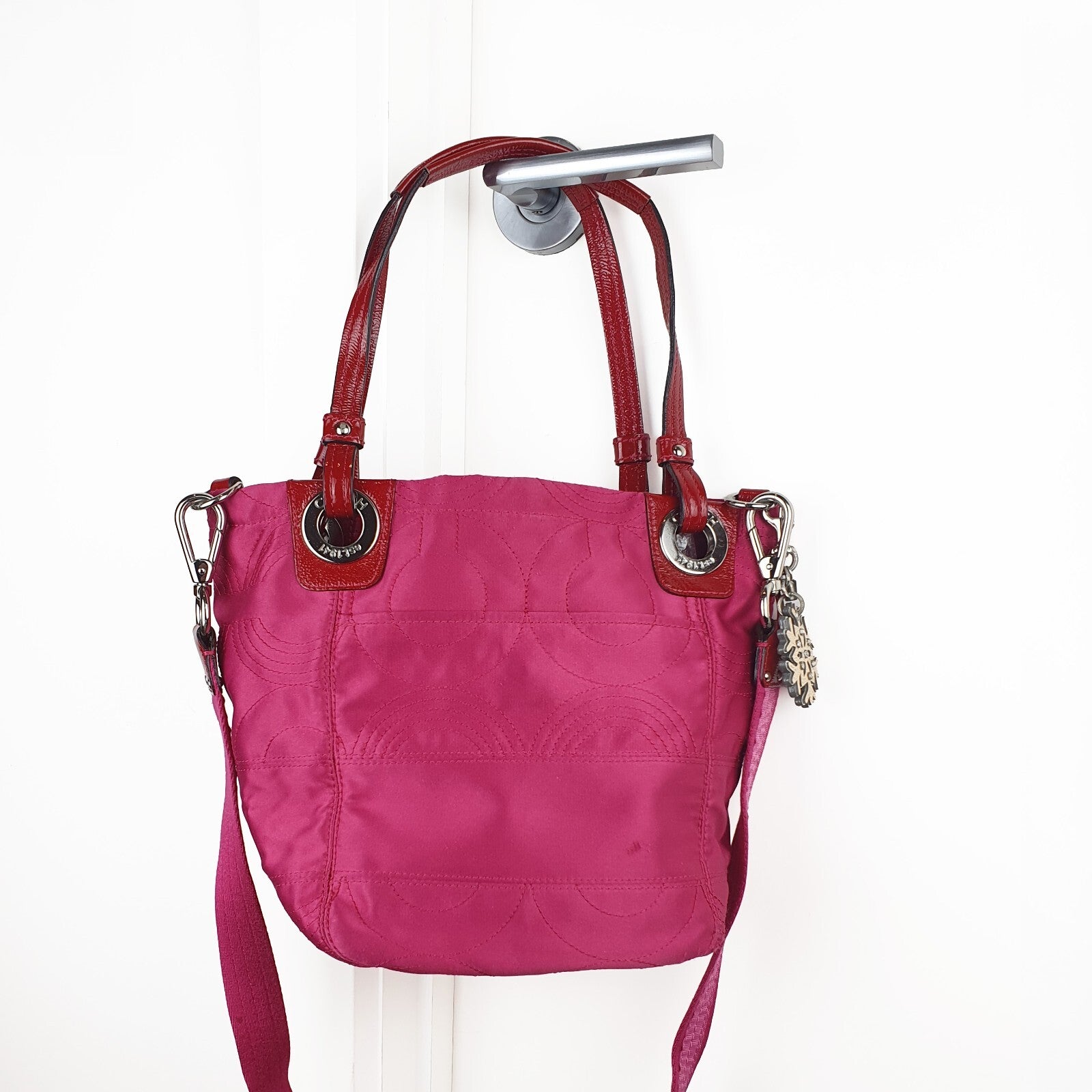 Coach Pink Nylon Tote Bag with Leather Handles and Detachable Strap