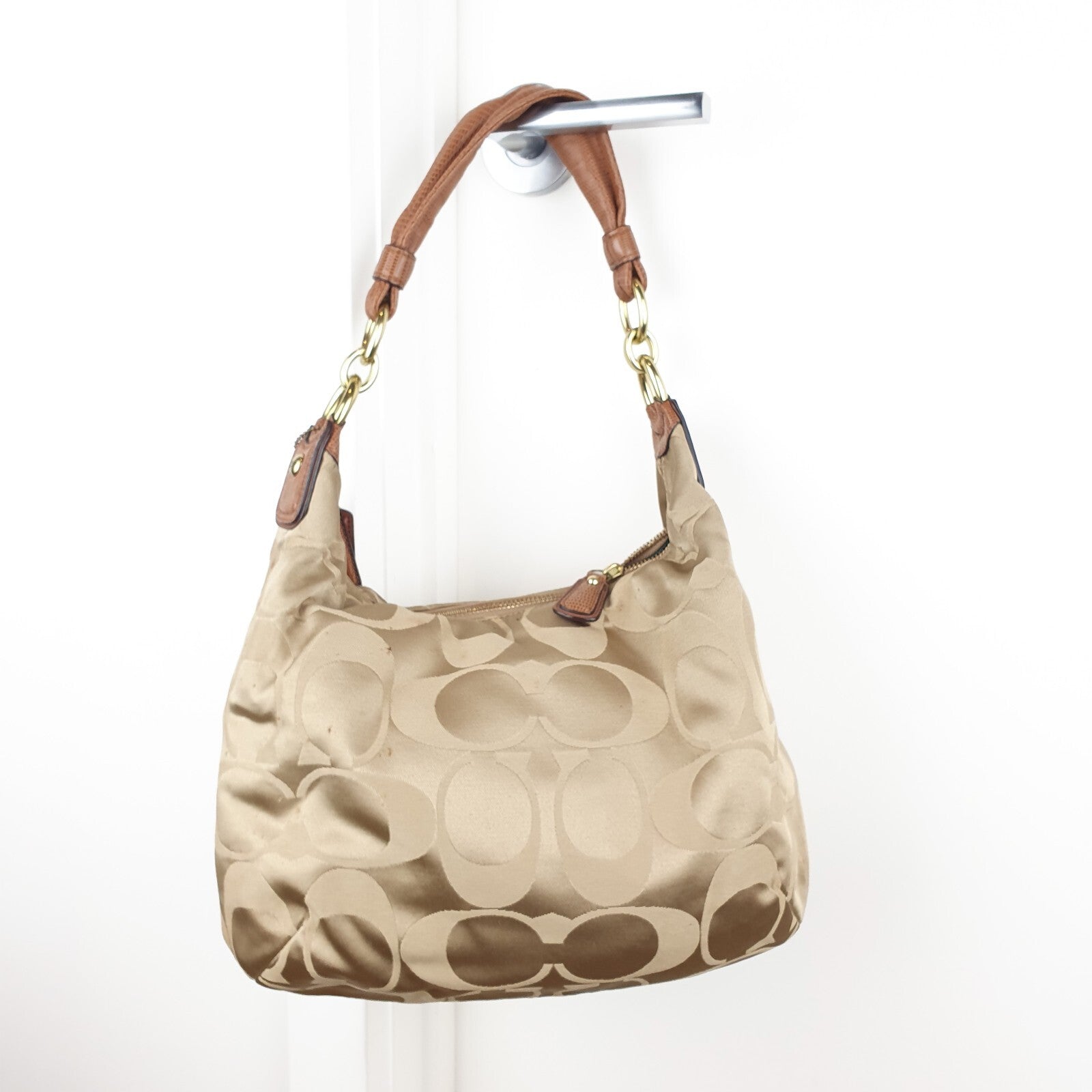 Coach Beige Signature Jacquard Shoulder Bag with Leather Trim