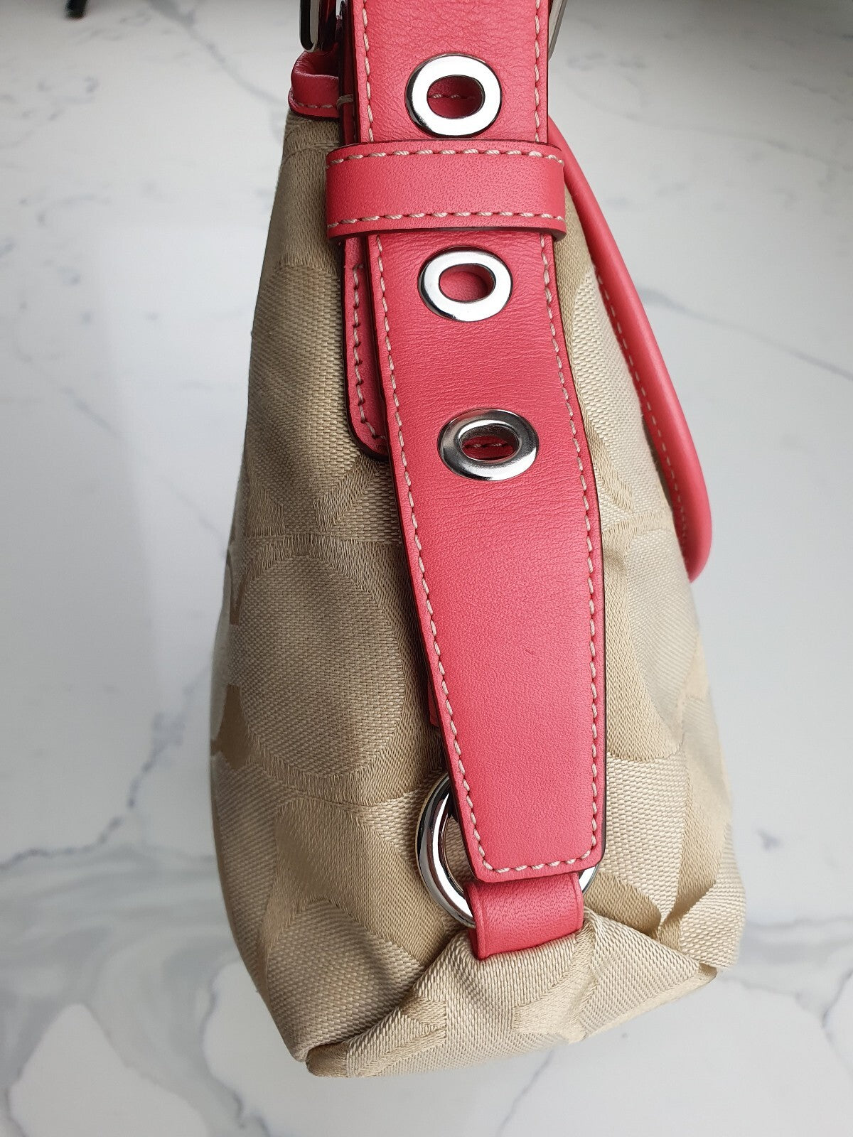Coach Beige Signature Canvas Shoulder Bag with Pink Leather Trim