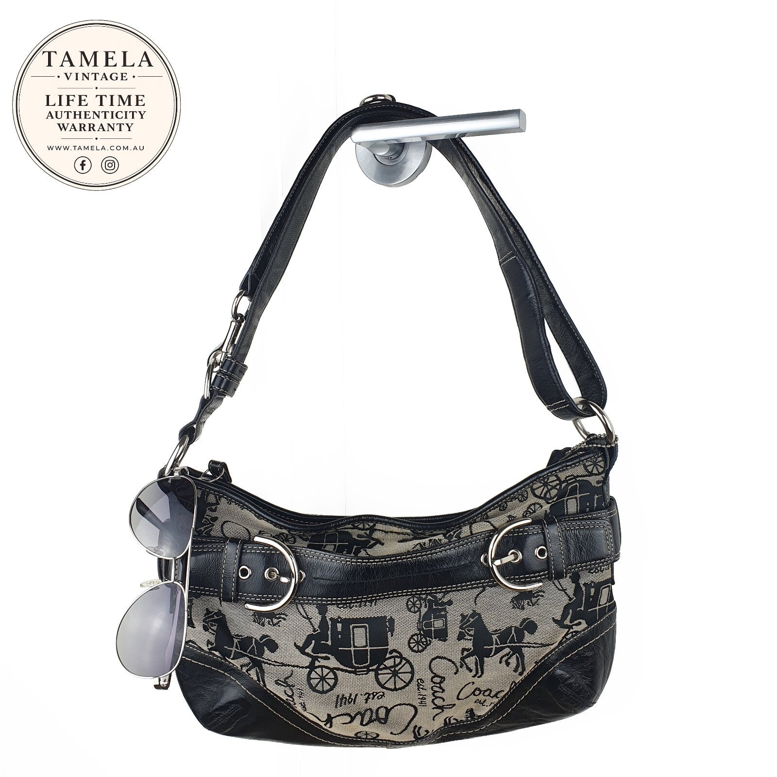Coach Vintage Black Leather and Canvas Shoulder Bag