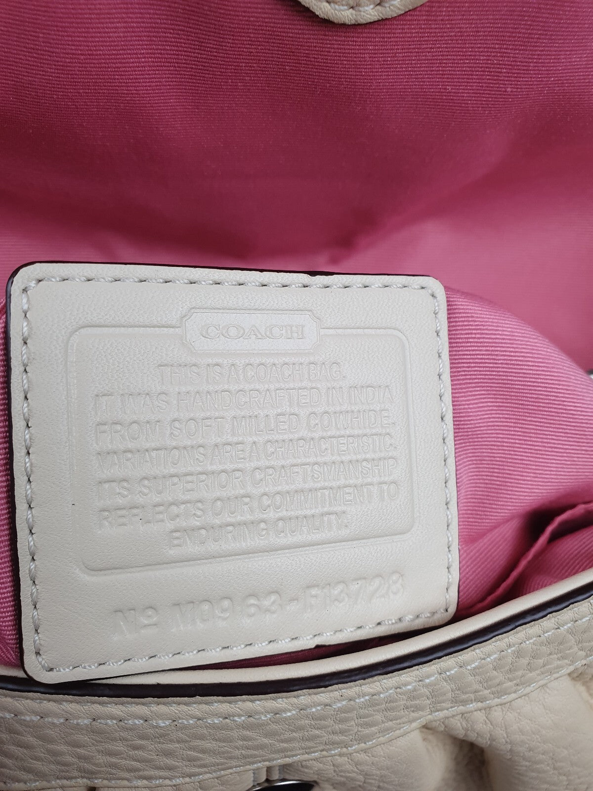 Coach Cream Leather Shoulder Bag with Pink Interior