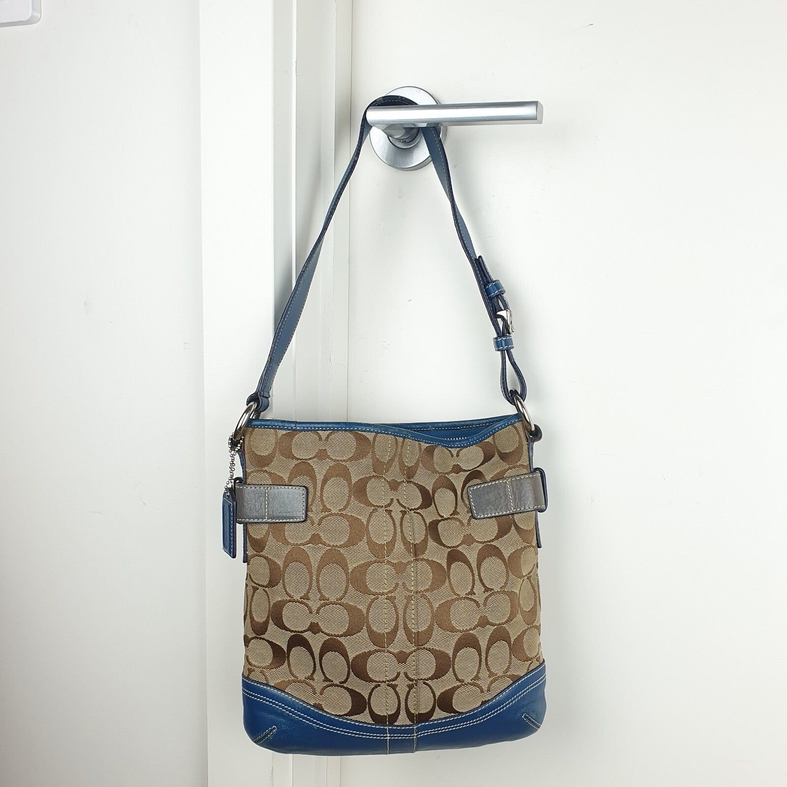 Coach Brown Signature Canvas and Blue Leather Shoulder Bag