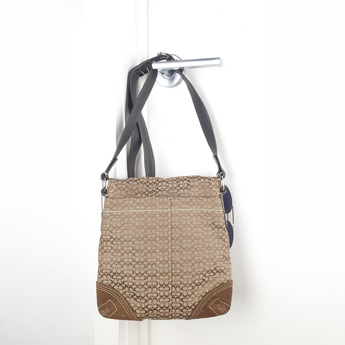 Coach Brown Signature Canvas Crossbody Bag with Suede Trim and Buckle Detail