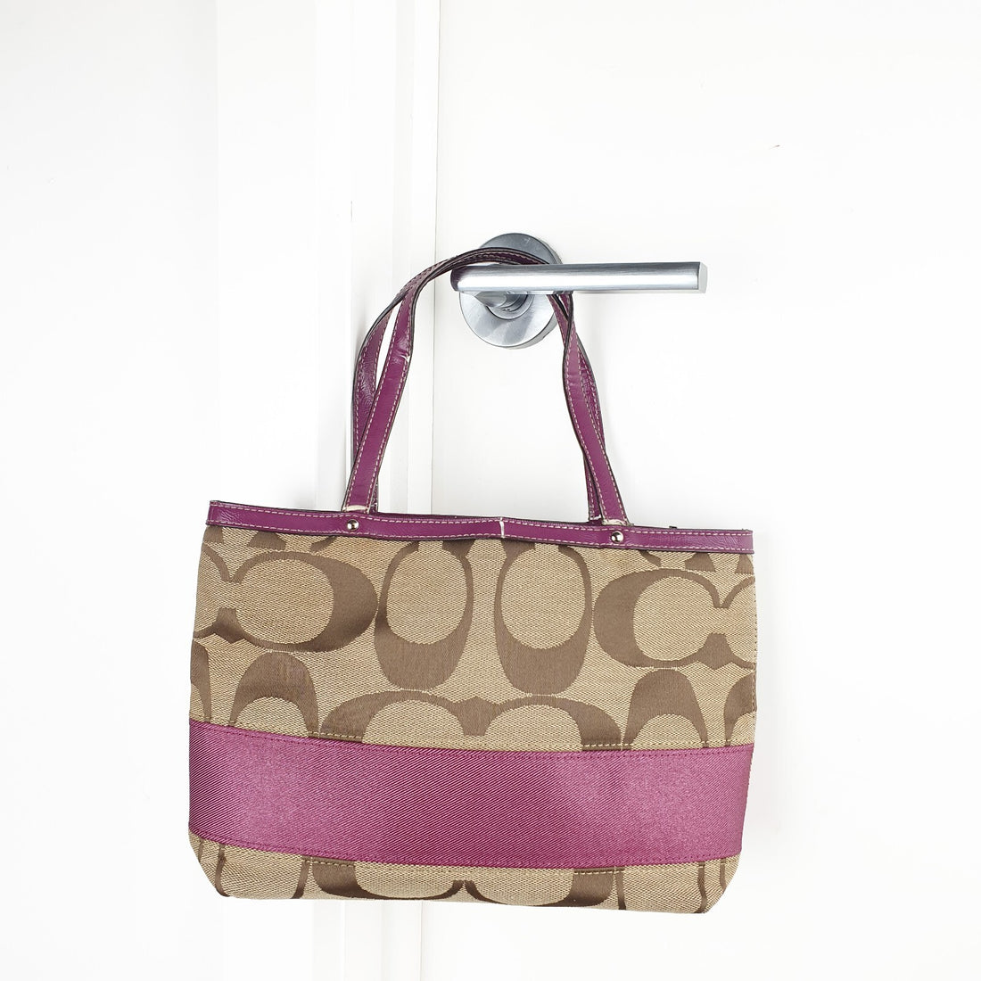 Coach Vintage Signature Canvas Tote Bag with Purple Leather Trim