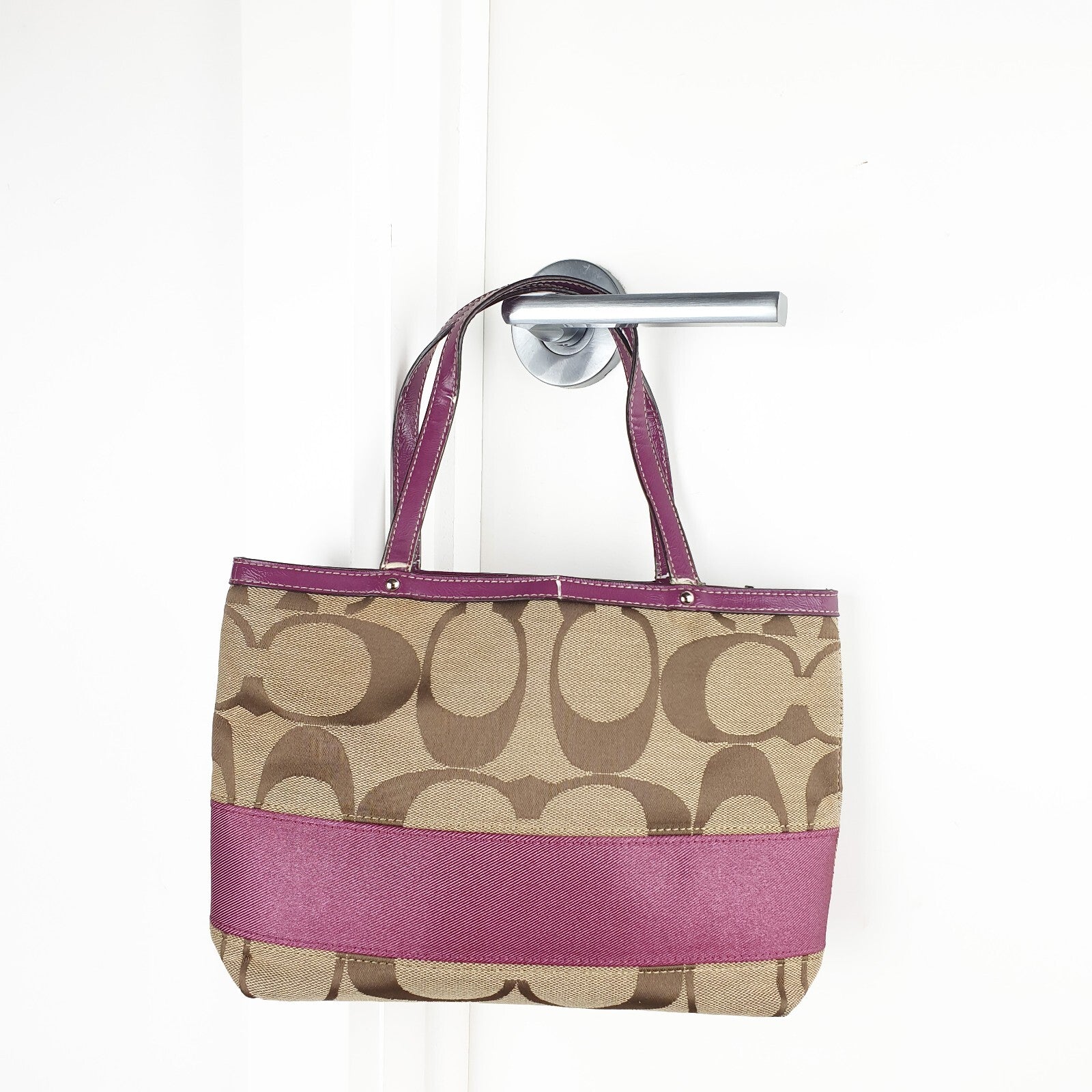Coach Vintage Signature Canvas Tote Bag with Purple Leather Trim