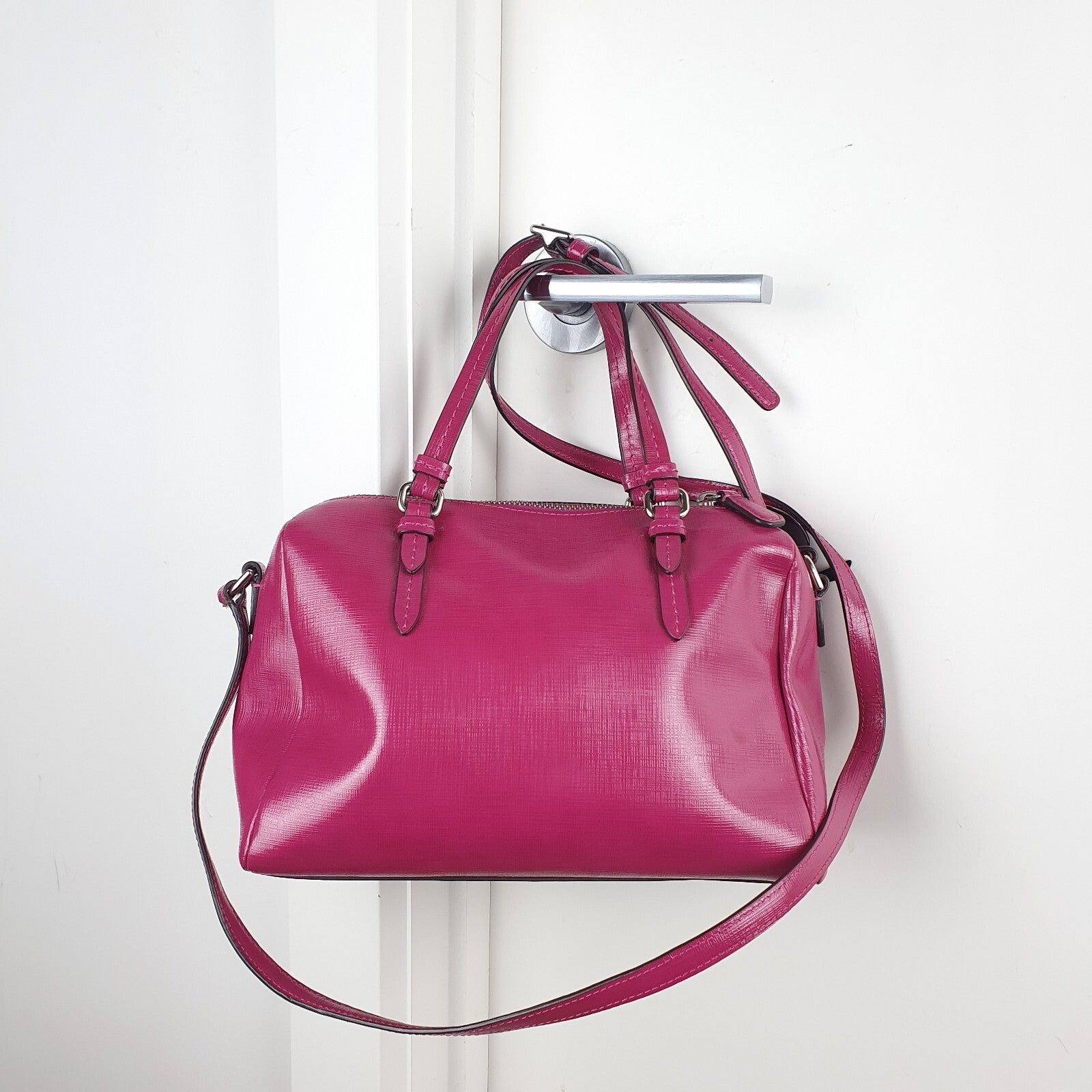 Coach Peyton Mini Bennet Fuschia Patent Leather Crossbody Satchel