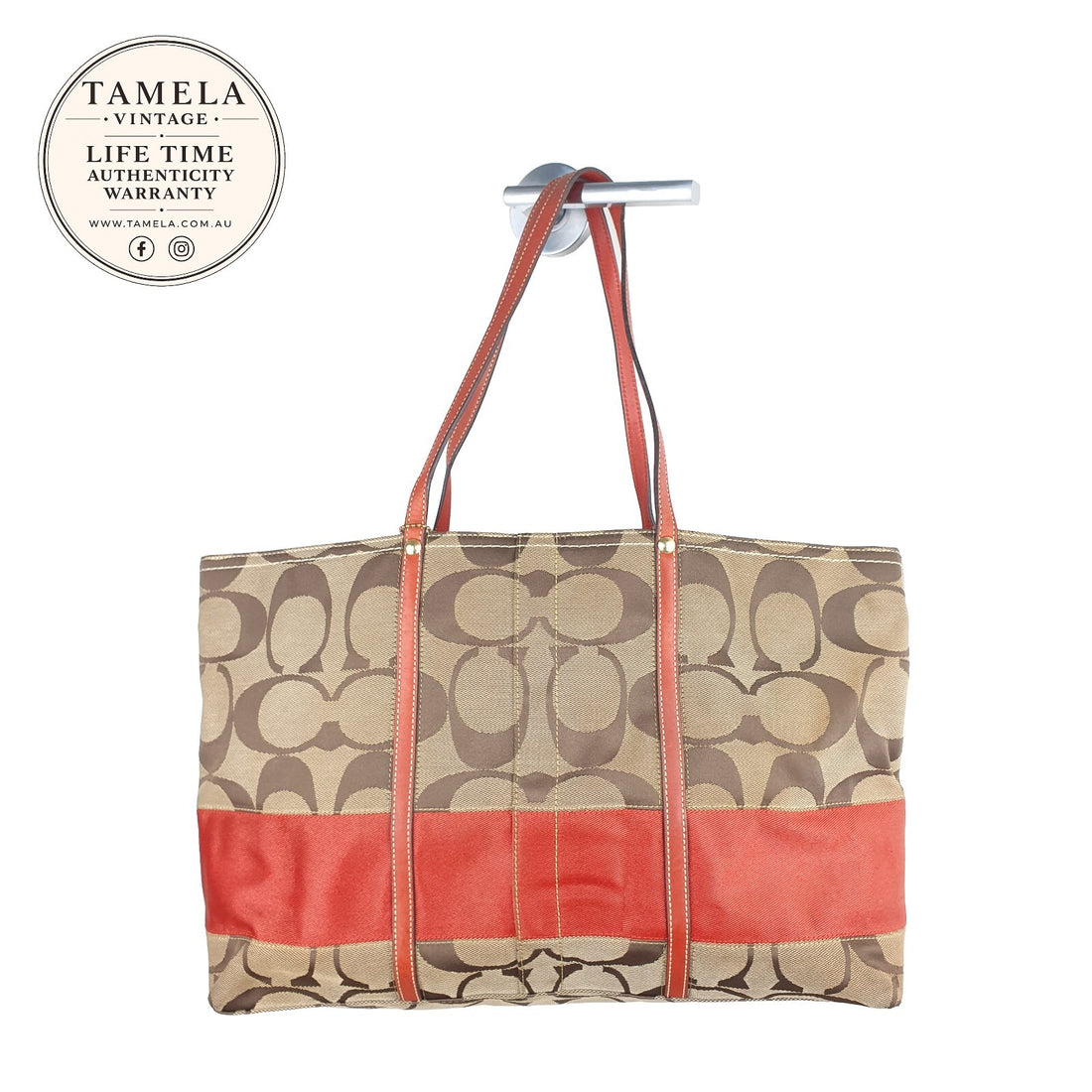 Coach Signature Canvas Tote Bag with Red Leather Trim