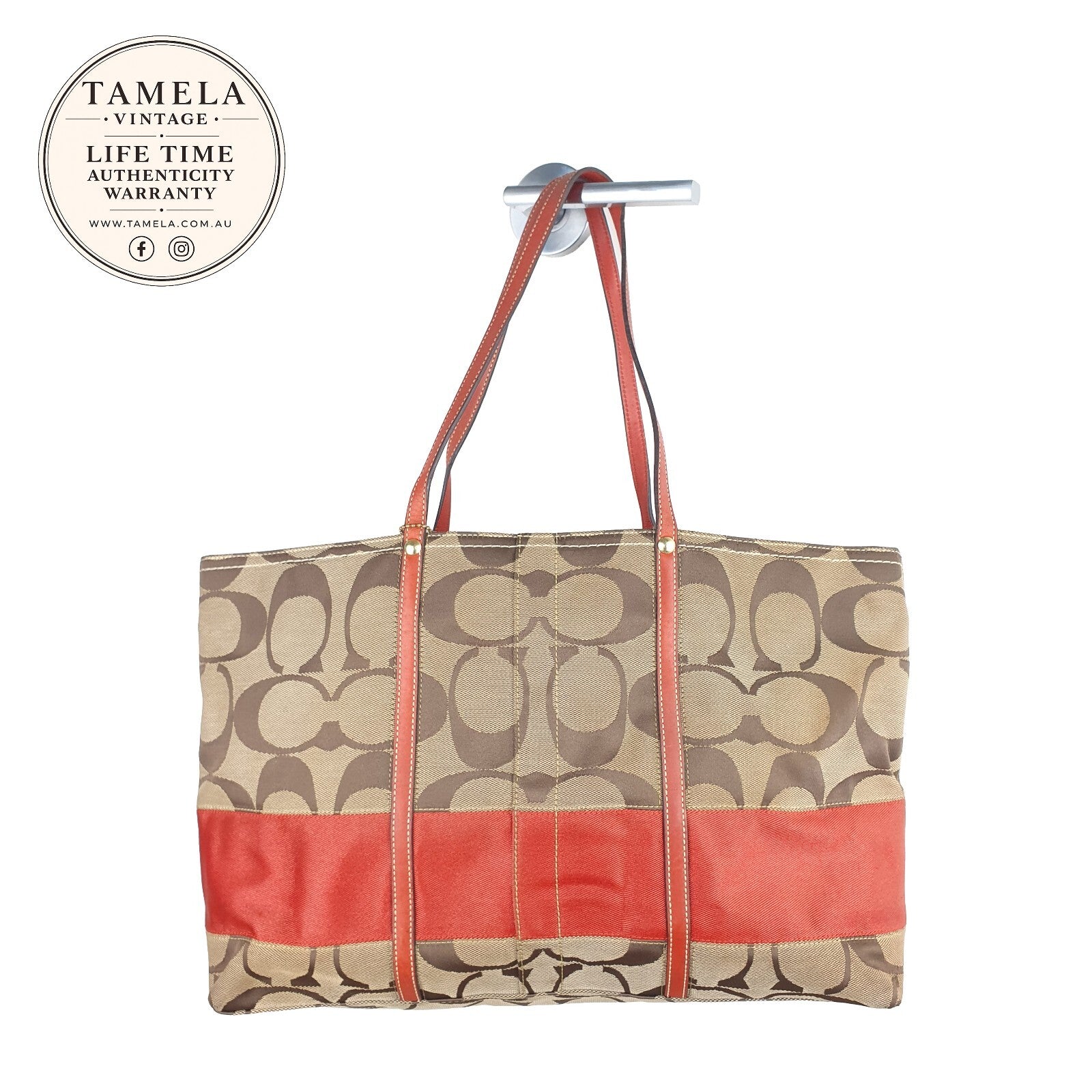 Coach Signature Canvas Tote Bag with Red Leather Trim