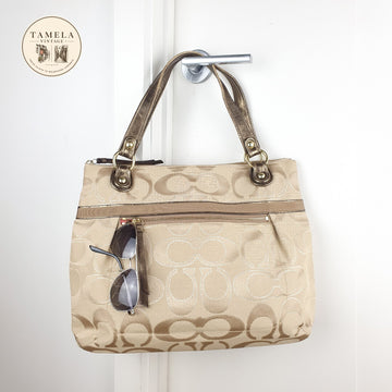 Coach Beige Signature Jacquard Tote Bag with Metallic Leather Handles