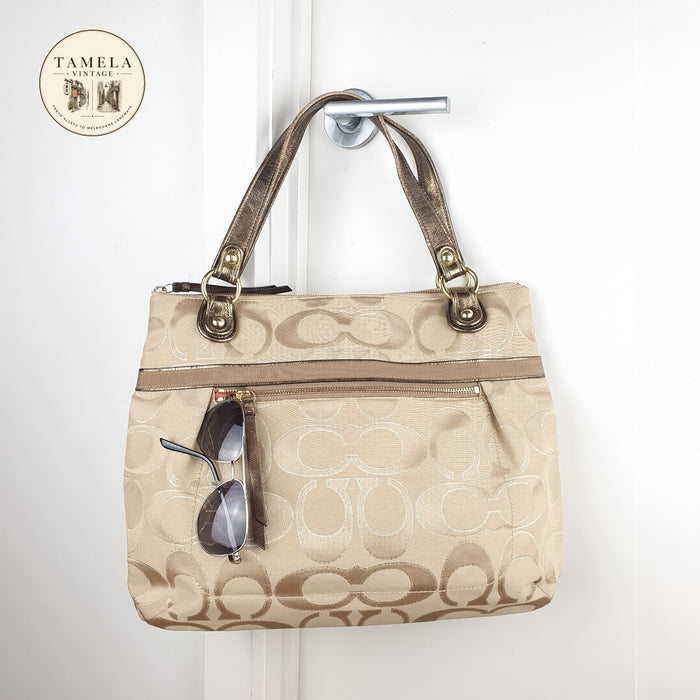 Coach Beige Signature Jacquard Tote Bag with Metallic Leather Handles