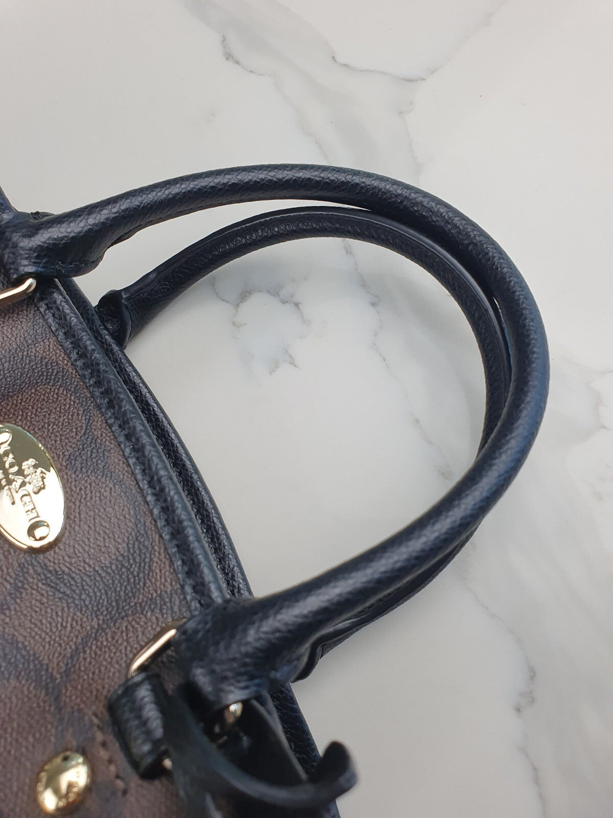 Coach Brown Signature Canvas Satchel Handbag with Black Leather Handles
