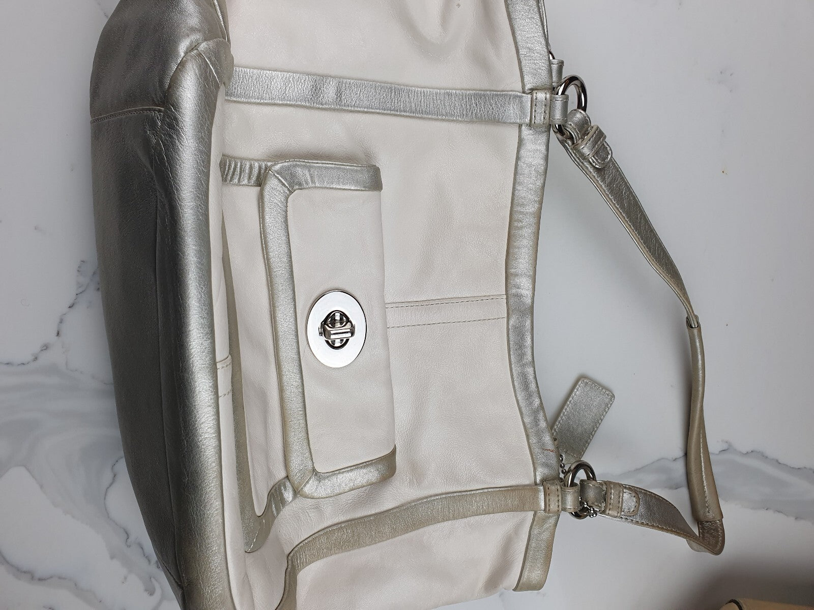 White and Silver Genuine Leather Shoulder Bag