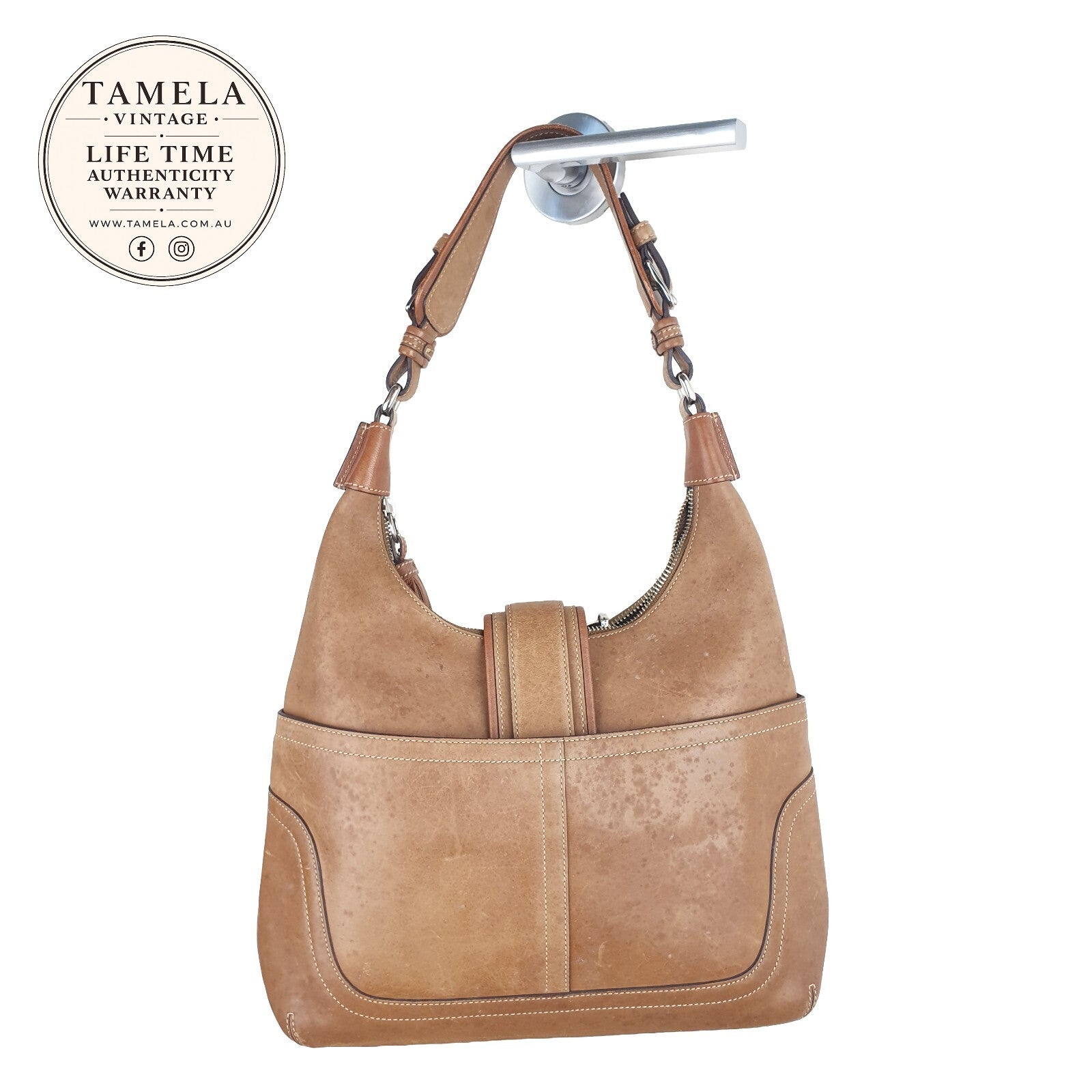 Coach Vintage Tan Leather Shoulder Bag with Buckle Detail