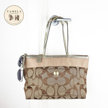 Coach Signature Canvas Tote Bag with Metallic Trim