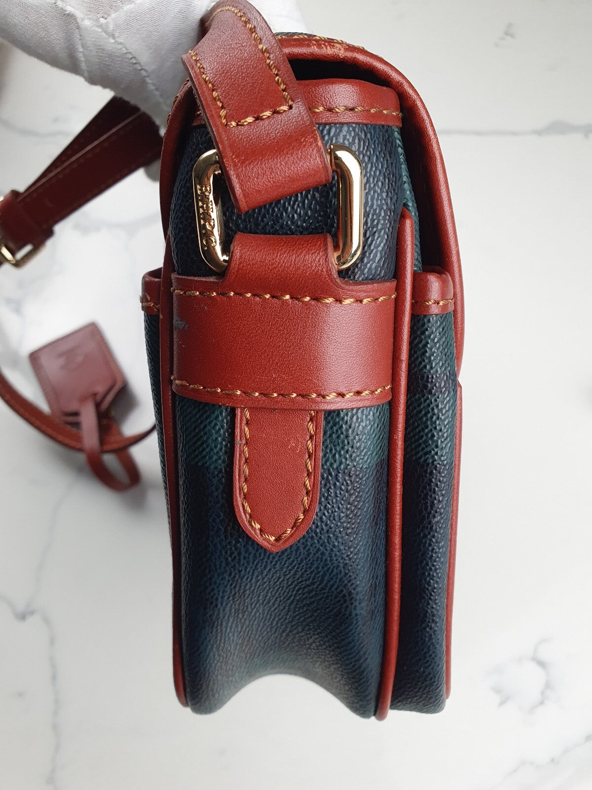 Beverly Hills Polo Club Vintage Green and Navy Tartan Crossbody Bag with Brown T