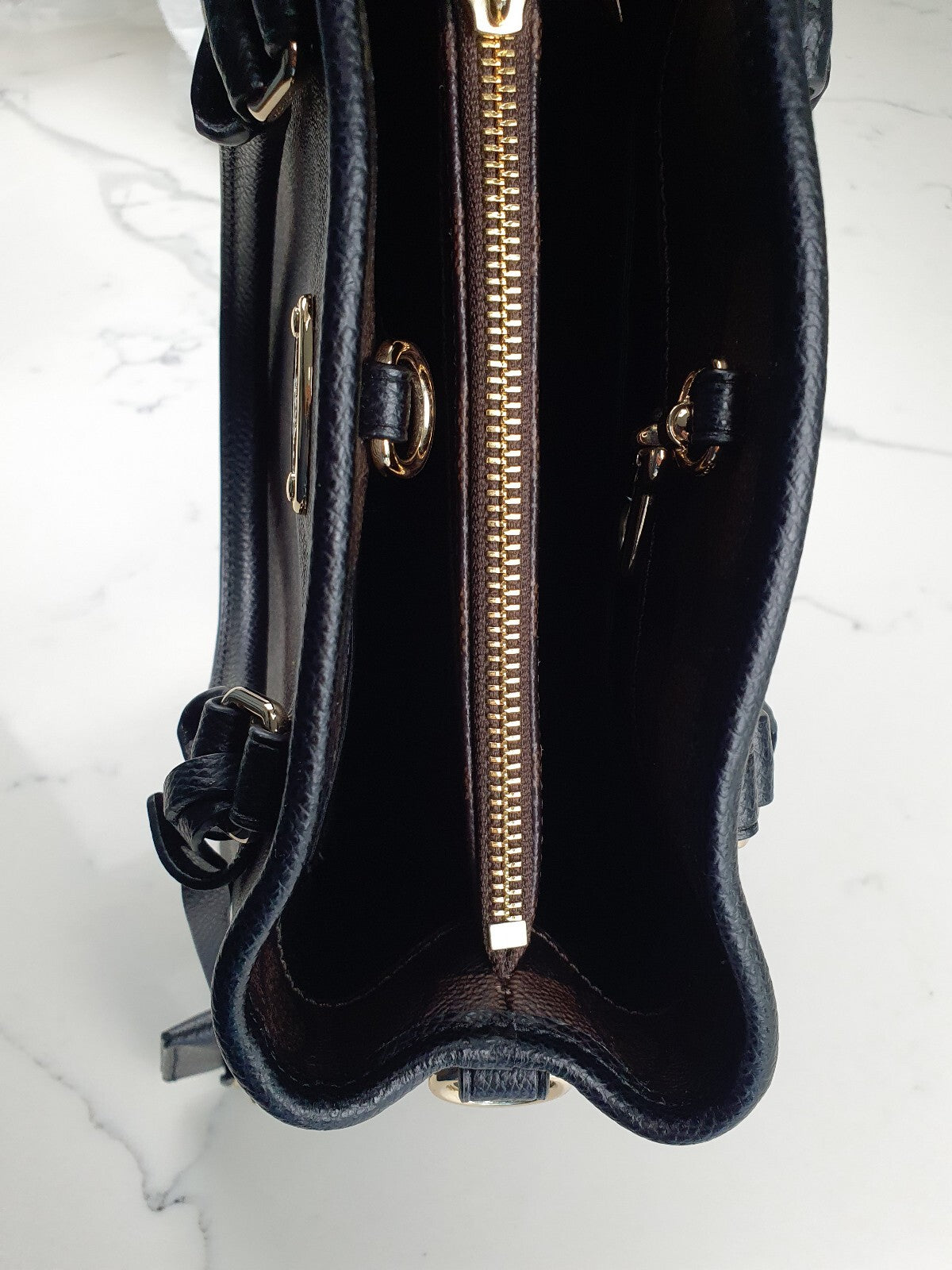 Coach Brown Signature Canvas Satchel Handbag with Black Leather Handles