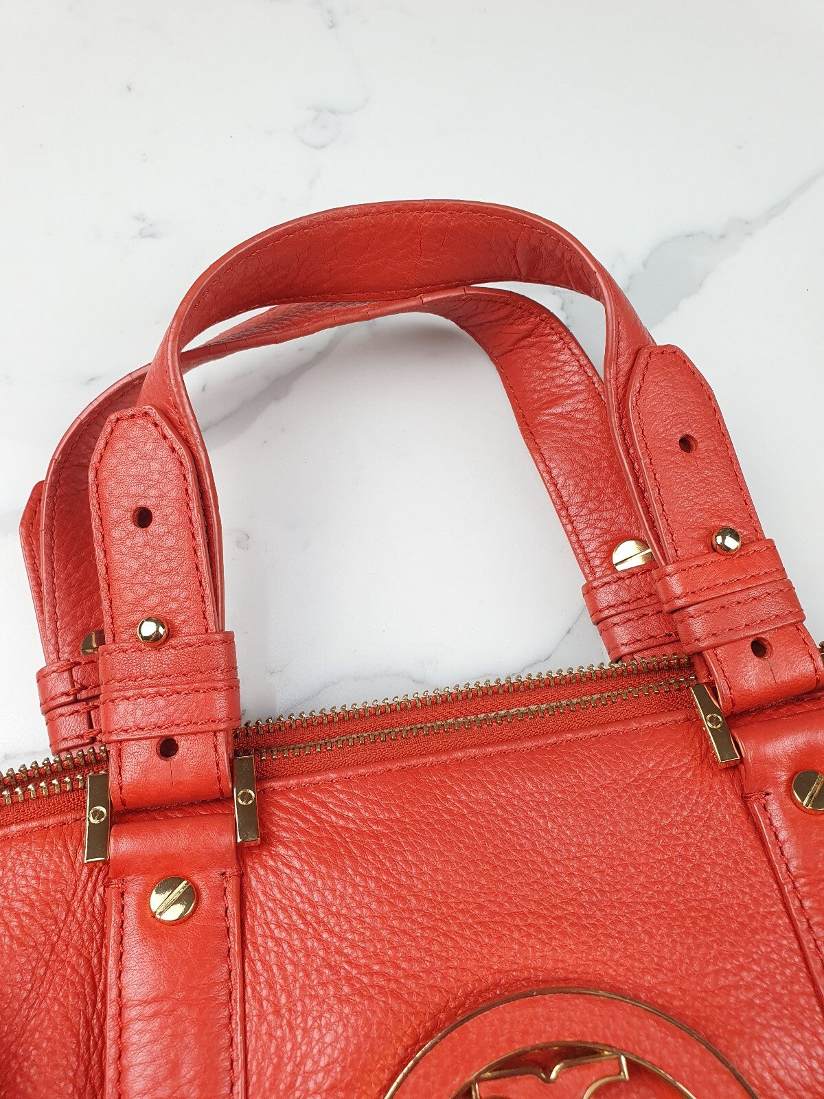 Tory Burch Orange Leather Satchel Bag with Gold Hardware