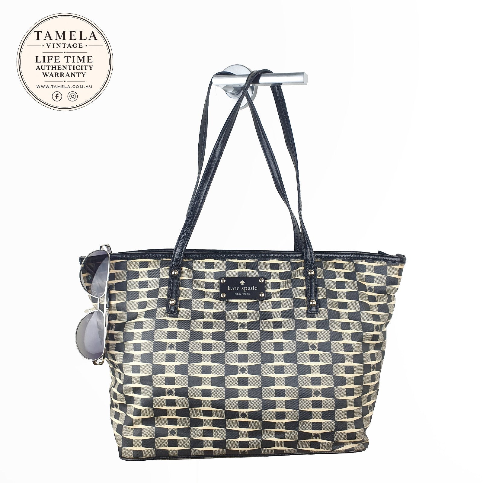 Kate Spade New York Black and Beige Checkerboard Tote Bag