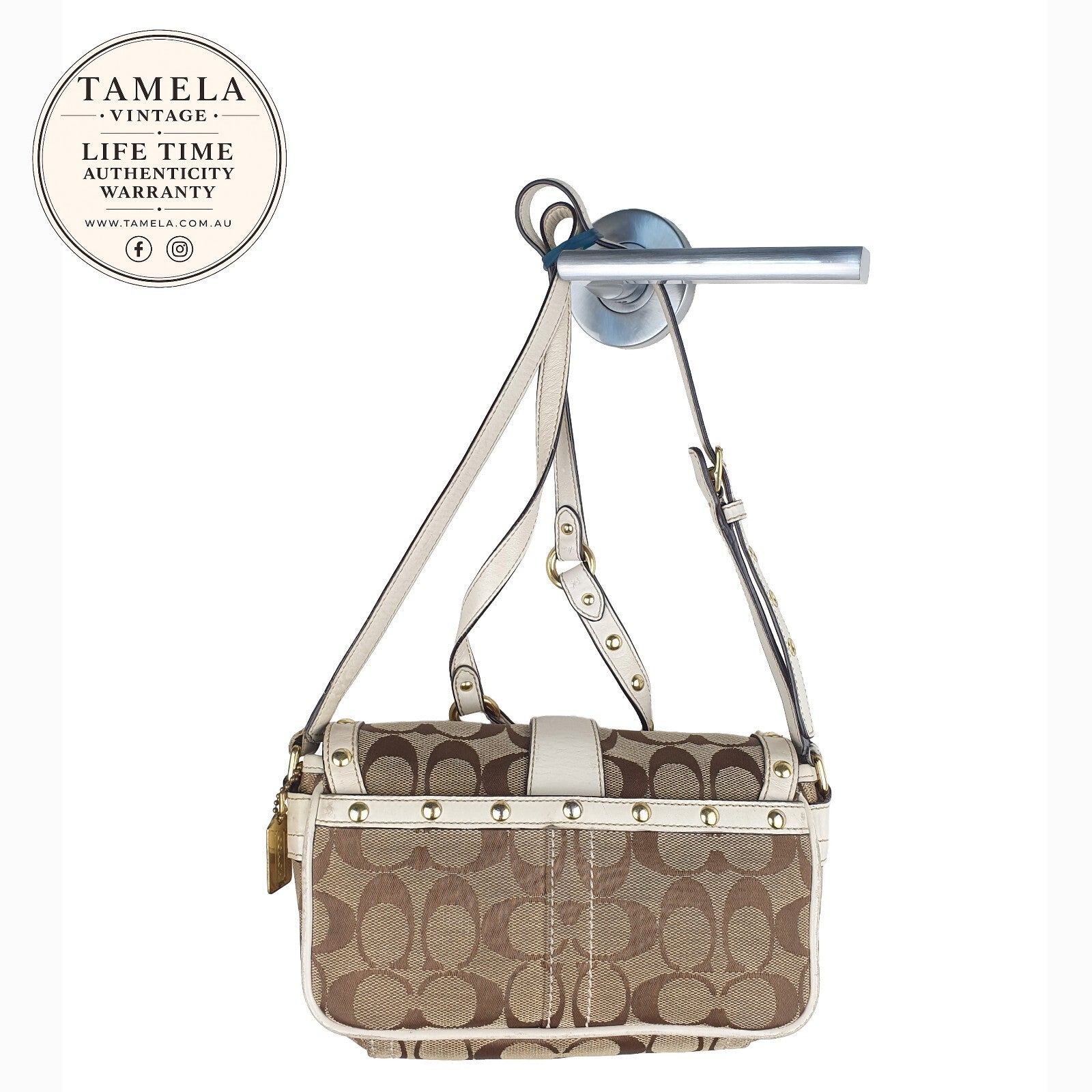 Coach Signature Canvas and Leather Shoulder Bag with Studded Detail