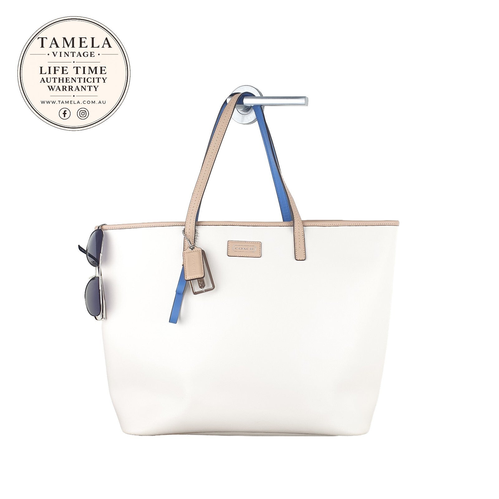 Coach Vintage White Tote Bag with Blue and Beige Handles
