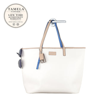 Coach Vintage White Tote Bag with Blue and Beige Handles