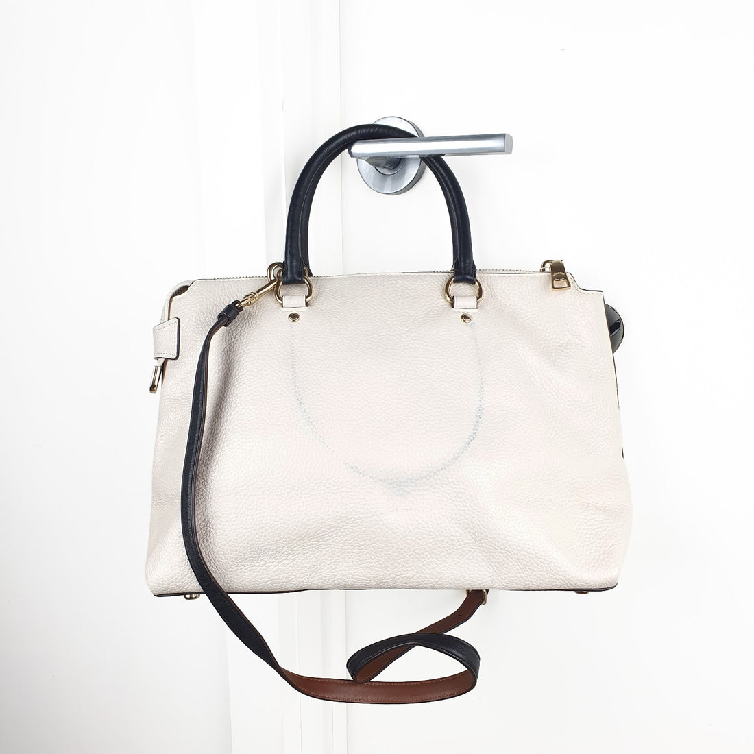 Coach Two-Tone Leather Satchel Handbag in Cream and Black