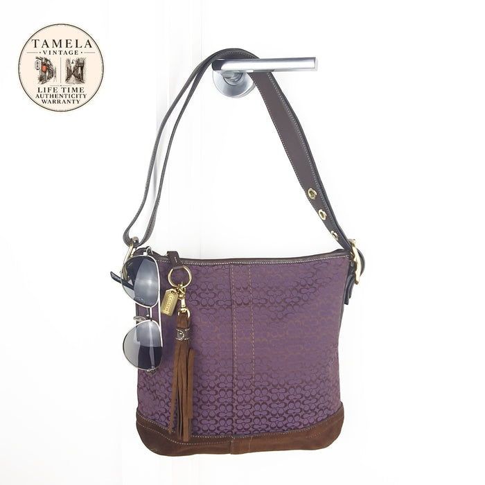Coach Purple Signature Canvas and Brown Suede Shoulder Bag