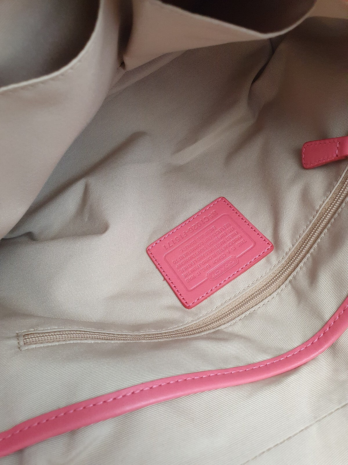 Coach Beige Signature Canvas Shoulder Bag with Pink Leather Trim