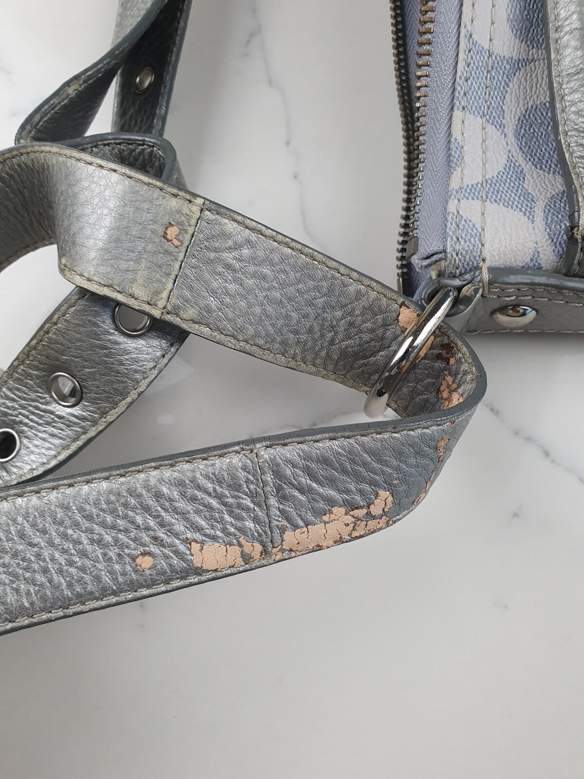 Coach Signature Canvas and Silver Leather Shoulder Bag