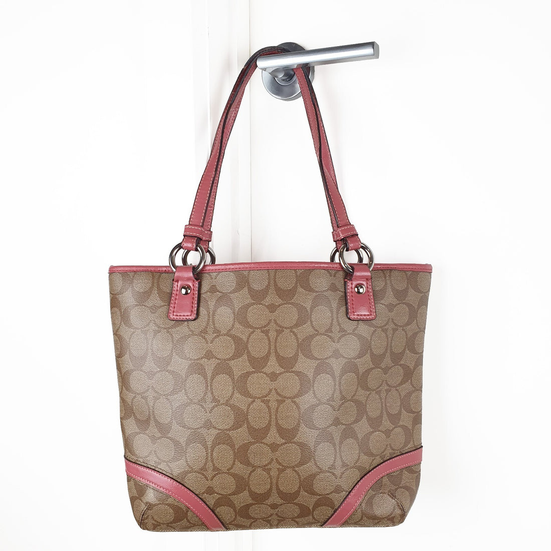 Coach Vintage Tote Bag with Signature Canvas and Pink Leather Trim