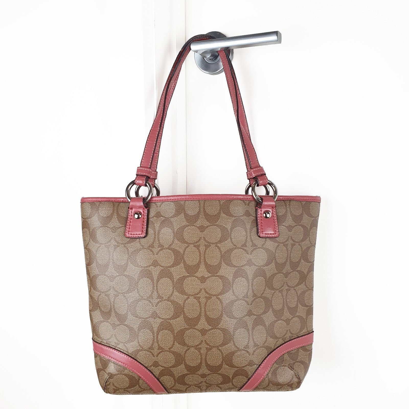 Coach Vintage Tote Bag with Signature Canvas and Pink Leather Trim